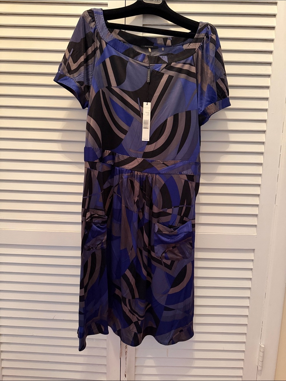 NWT Elie Tahari silk Abstract Geometric Blue & Gray Midi Dress L